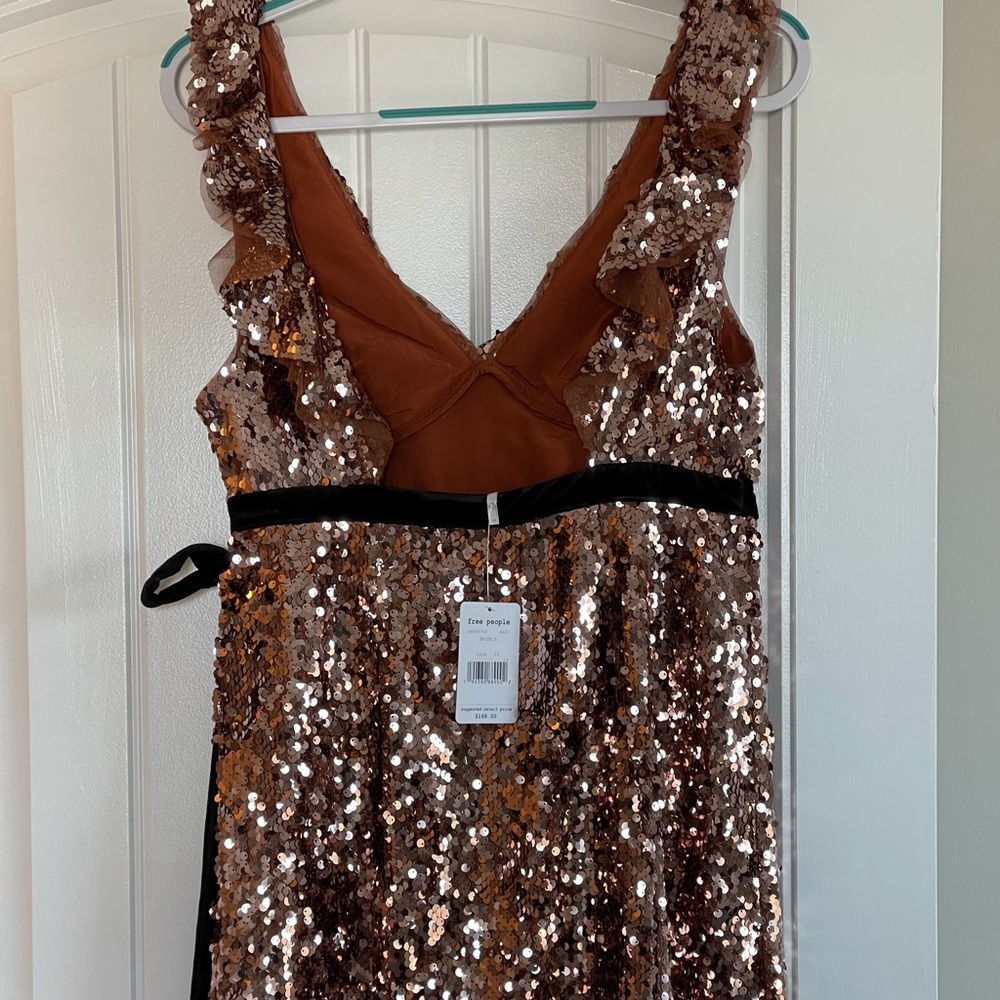 Free People Rose Gold Sequin Formal Evening Holiday Party Dress, Sz 12 - Picture 13 of 15